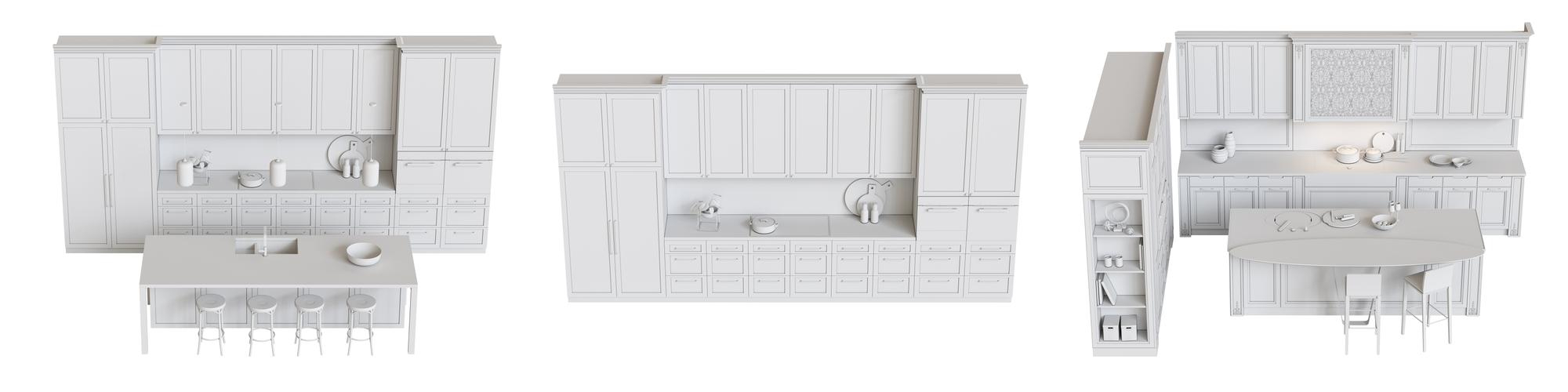 3D models showing various kitchen cabinet layouts