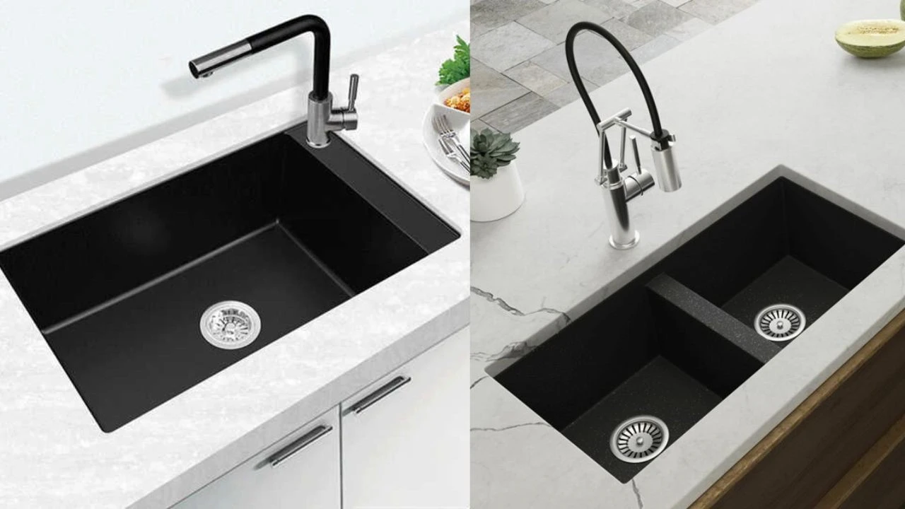 Black single and double bowl sinks in modern kitchens
