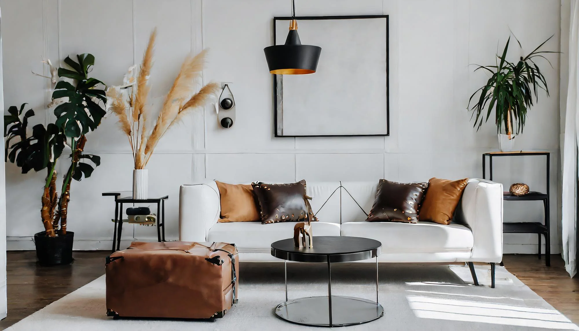 Bright living room with white sofa, plants and black accents