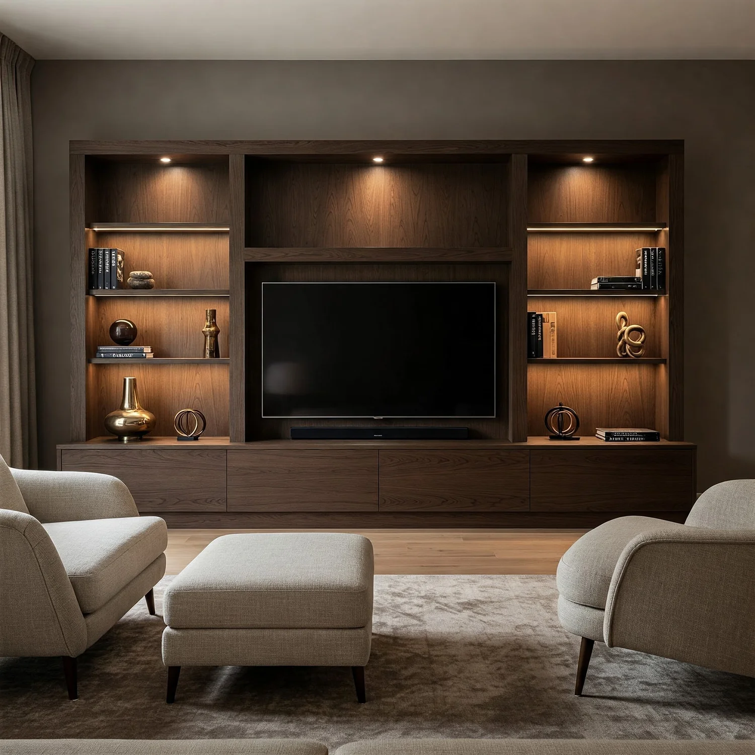 Built In Storage & Display Walls, Living Room Design Ideas