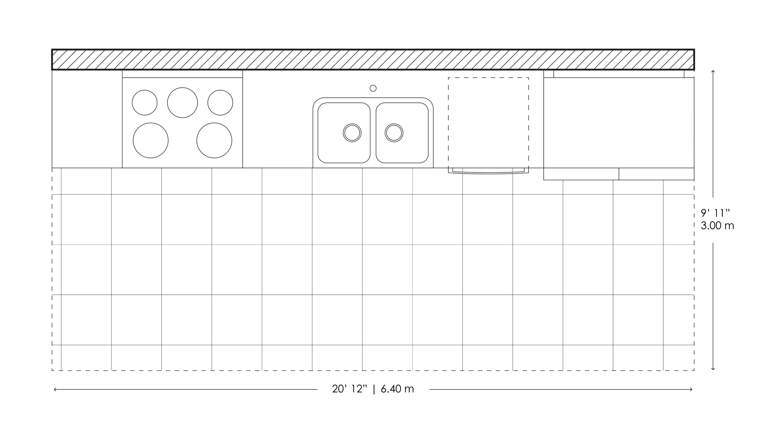 Detailed kitchen elevation plan with measurement chart
