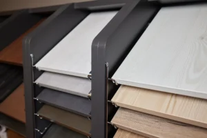 Display rack showing cabinet board textures and tones