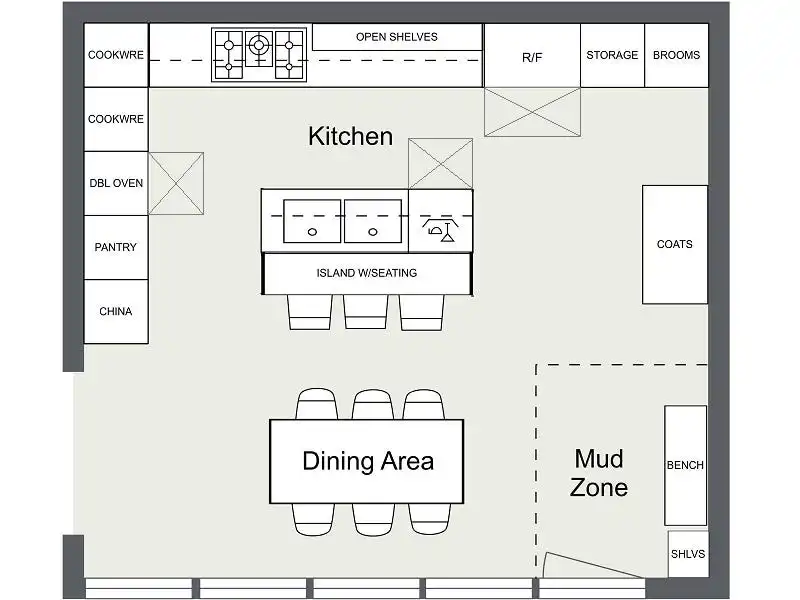 Floor plan showing open kitchen with dining and mud zone
