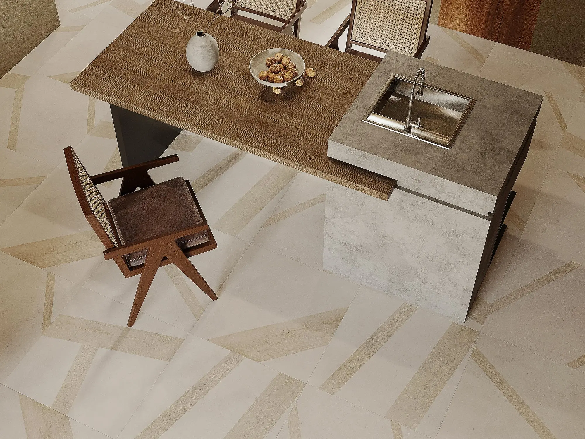 Geometric beige and wood look kitchen floor tiles