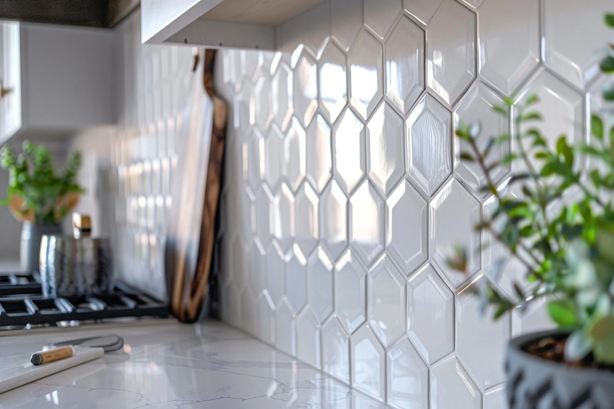Glossy geometric tile backsplash in a bright kitchen