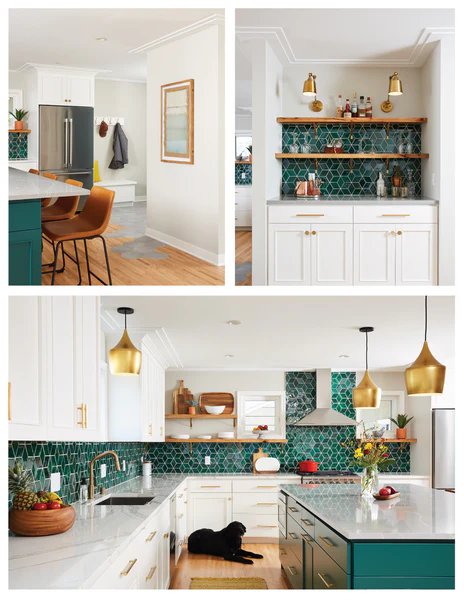 Green patterned backsplash in a bright white kitchen