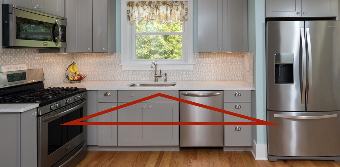 L shaped kitchen layout highlighting the work triangle path