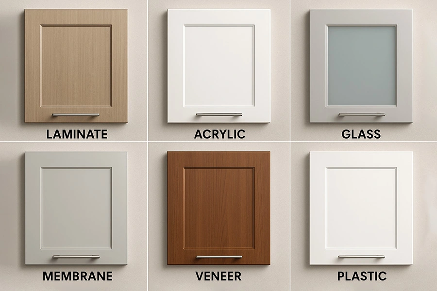 Laminate, acrylic, glass, membrane, veneer, plastic doors