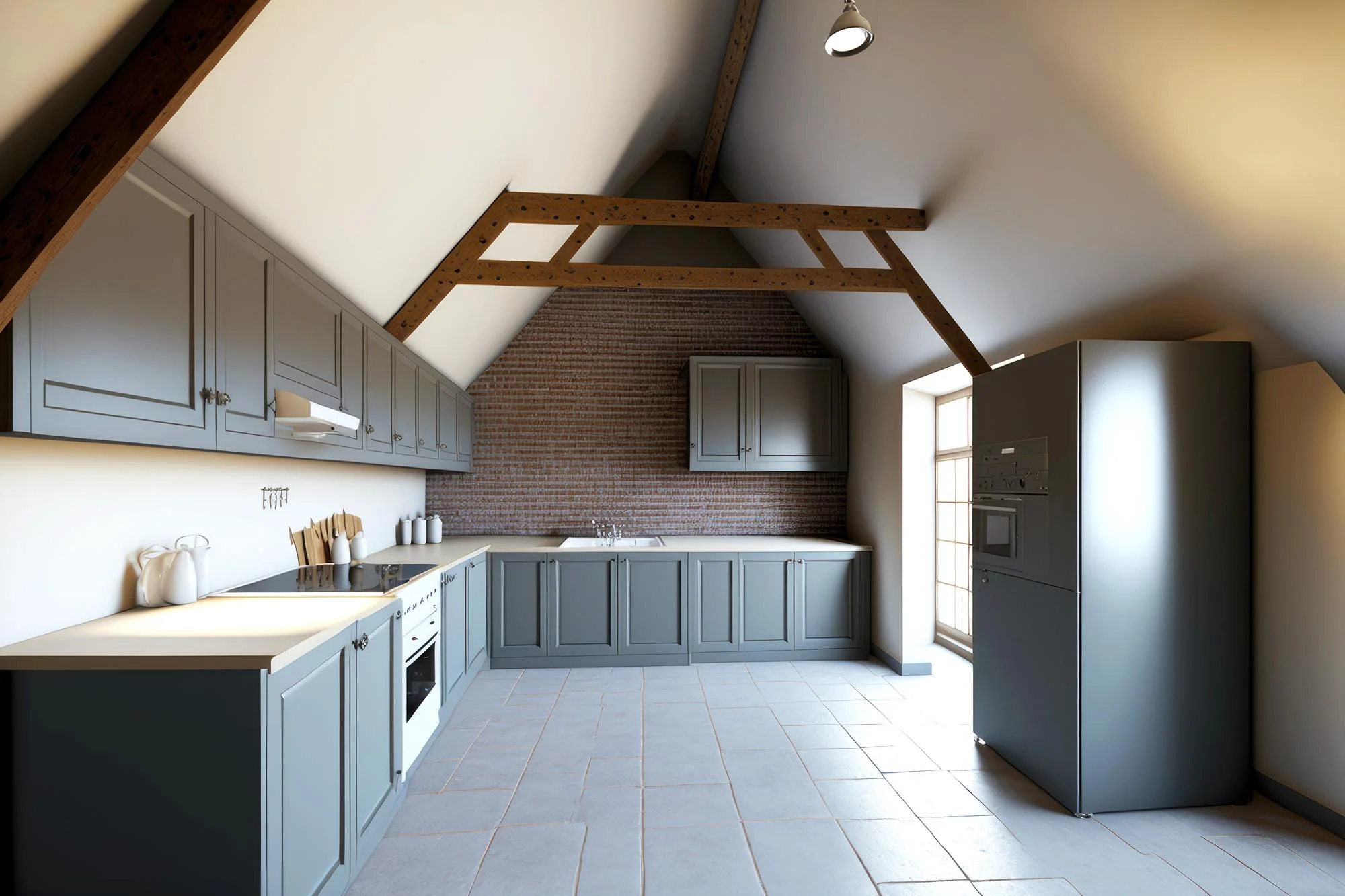 Loft style L shaped kitchen with gray cabinets and beams