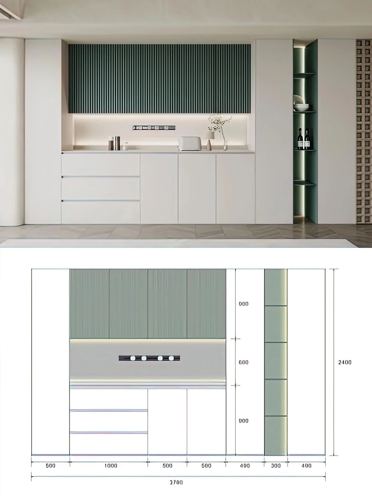 Minimal one-wall kitchen design with size diagram