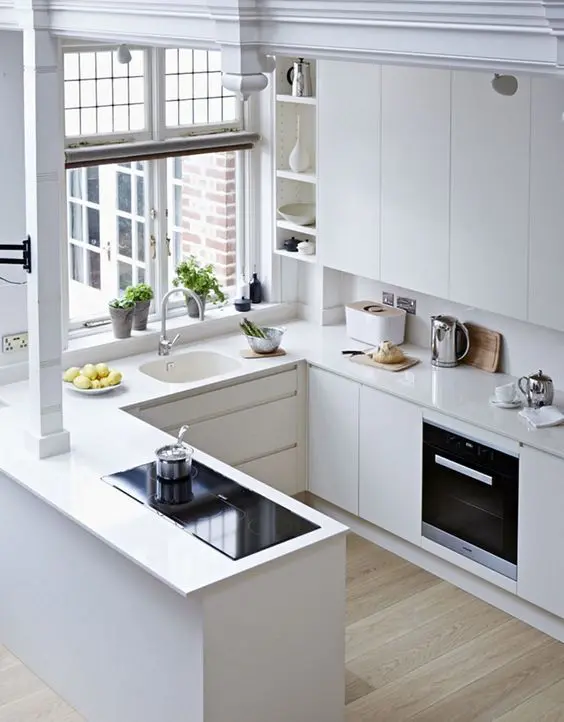 Minimalist All White U Shape, U Shaped Kitchen Design Ideas