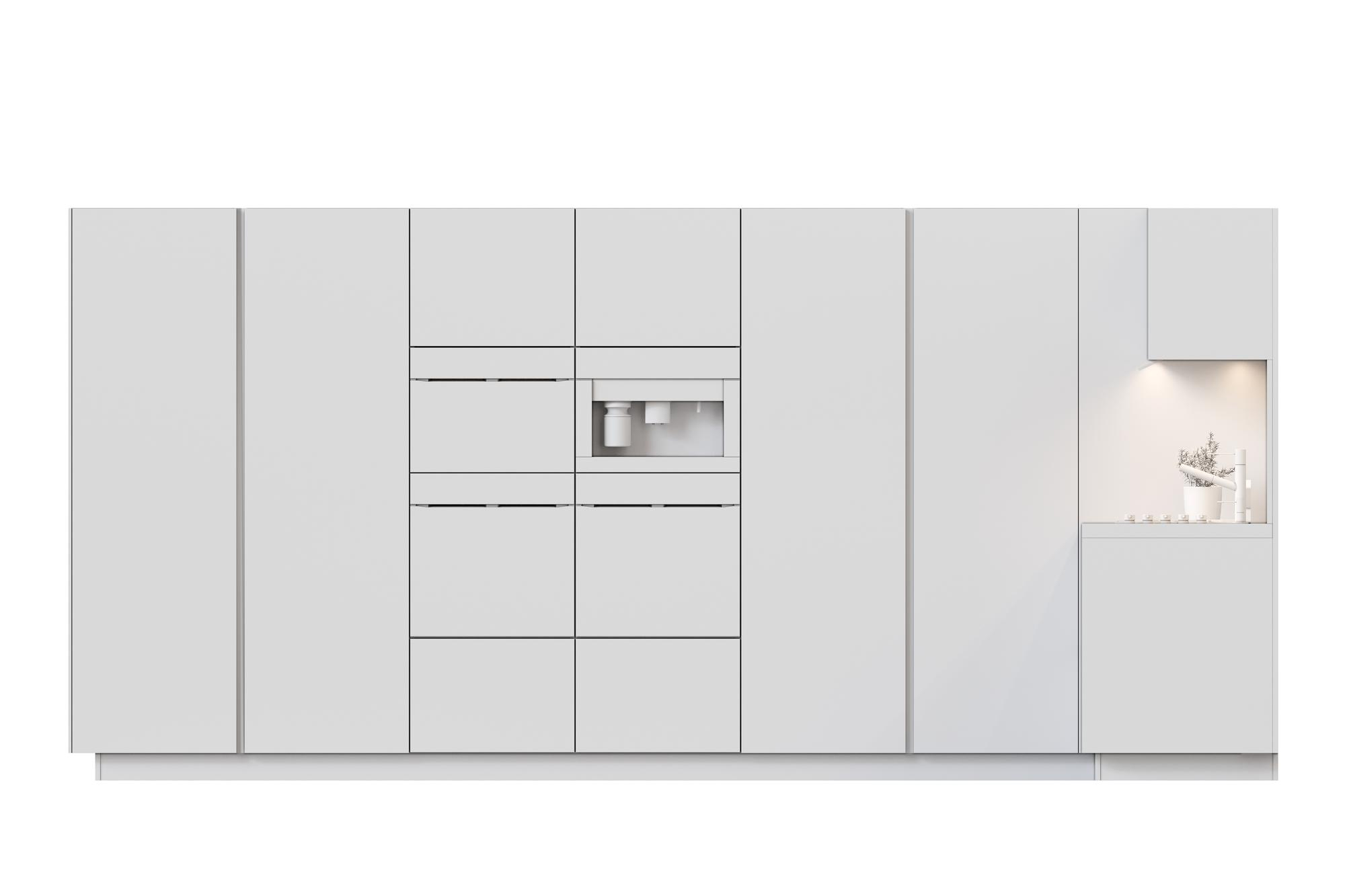 Minimalist white linear kitchen with soft lighting