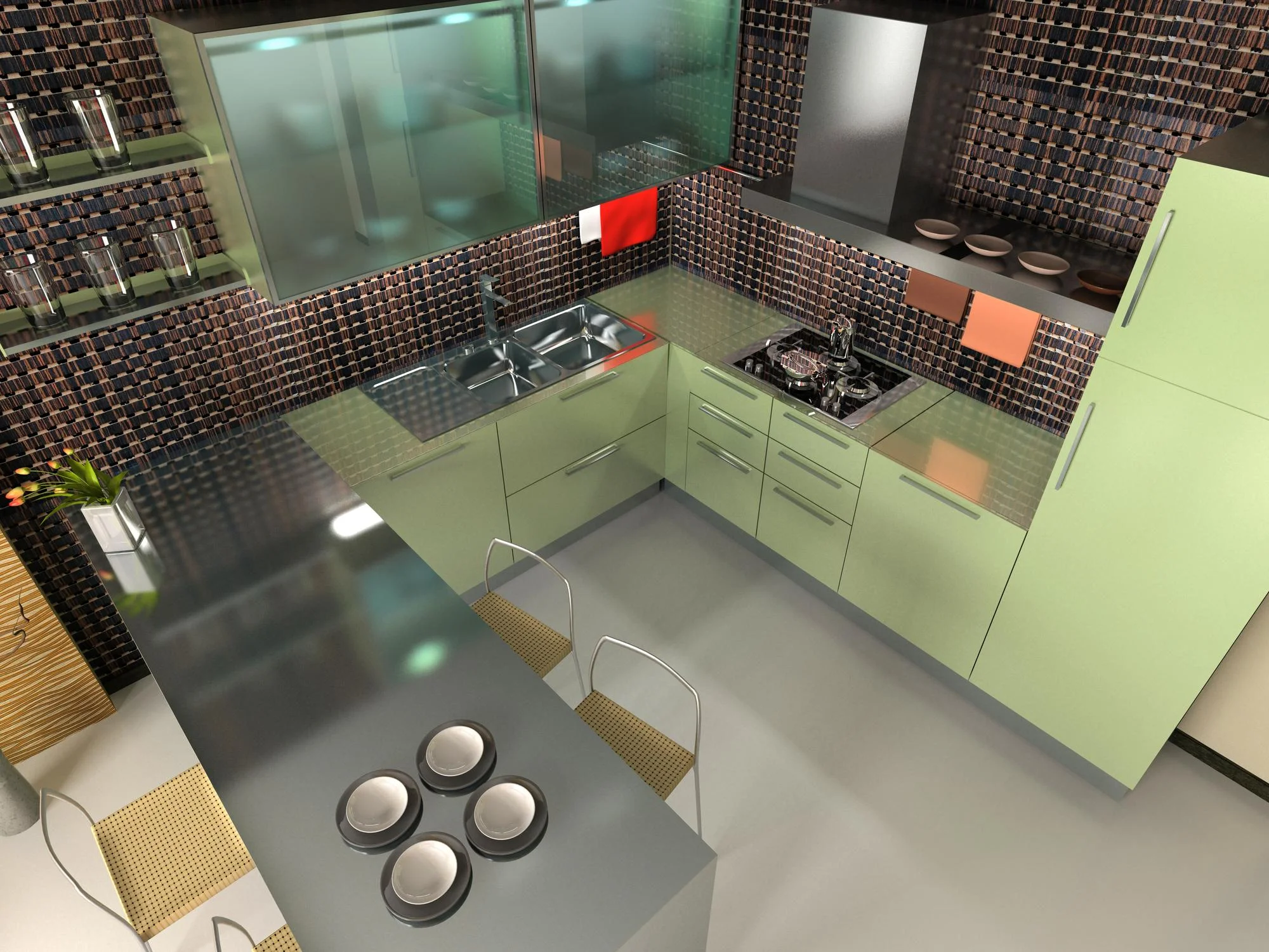 Modern L-shaped kitchen with metallic green cabinets