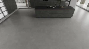 Modern kitchen with large gray porcelain tile flooring