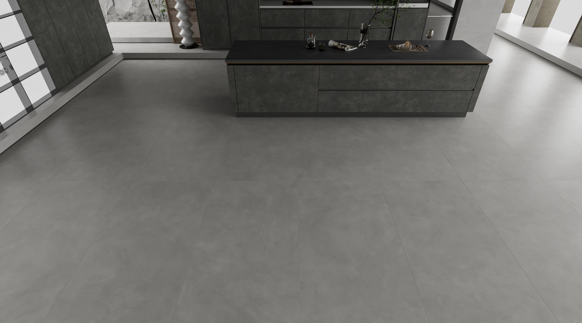 Modern kitchen with large gray porcelain tile flooring