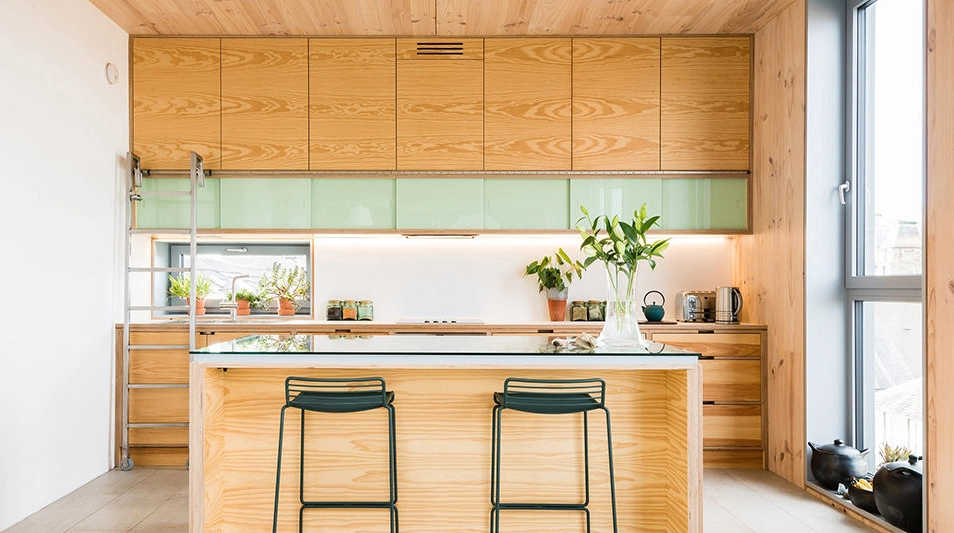 Modern kitchen with natural wood cabinets and green accents