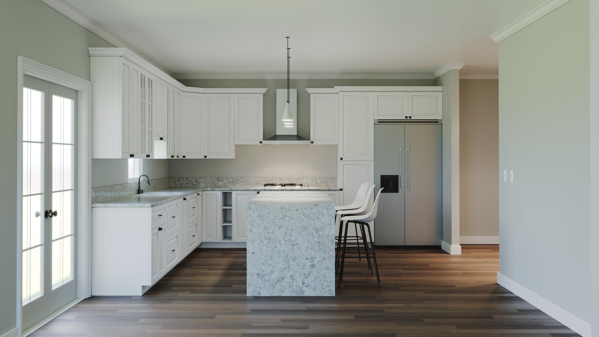 Modern white L shaped kitchen with marble island and stools