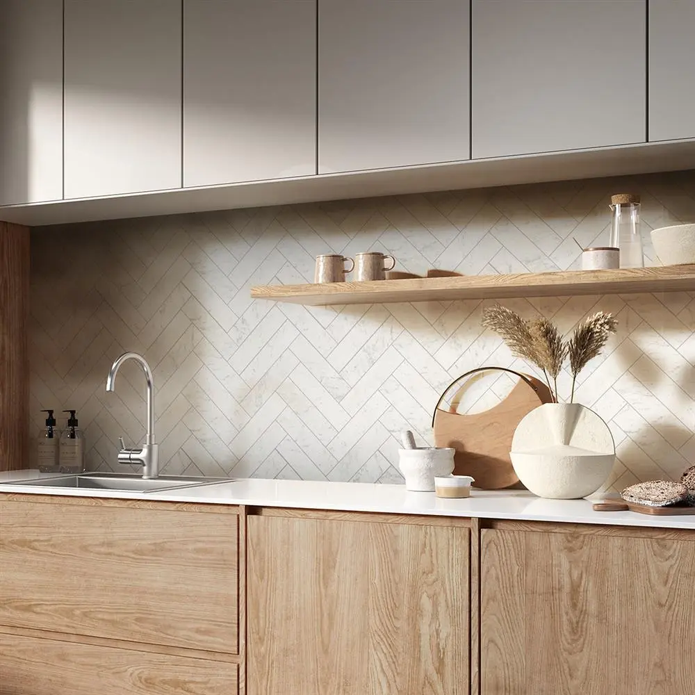 Neutral Countertop Subtle Textured Tile, Kitchen Countertop & Backsplash Pairing Ideas