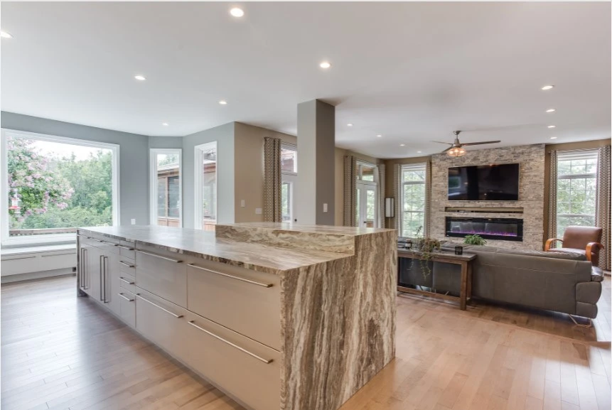 Seamless Waterfall Slab Backsplash, Kitchen Countertop & Backsplash Pairing Ideas