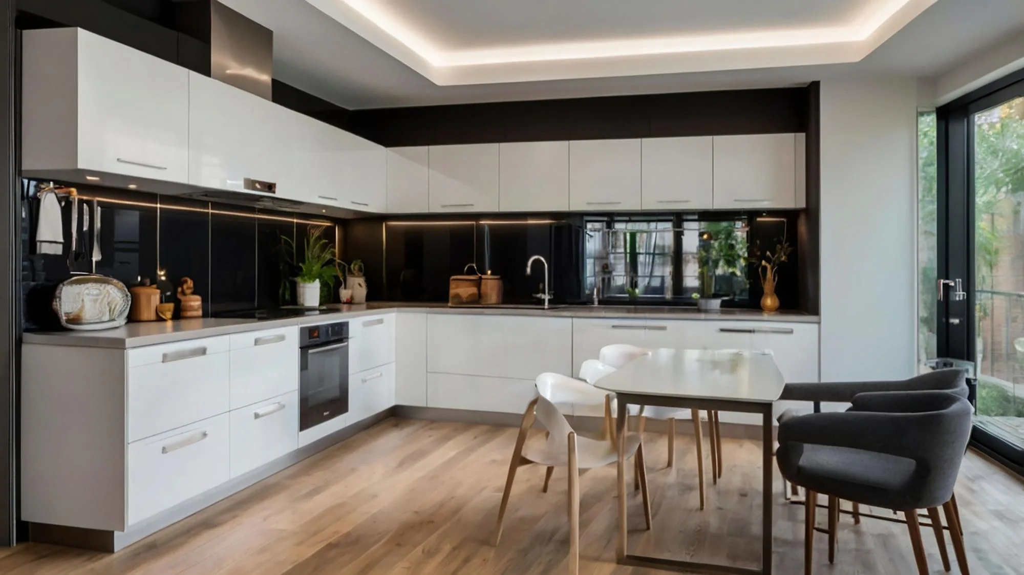 Sleek black and white L shaped kitchen with dining table setup