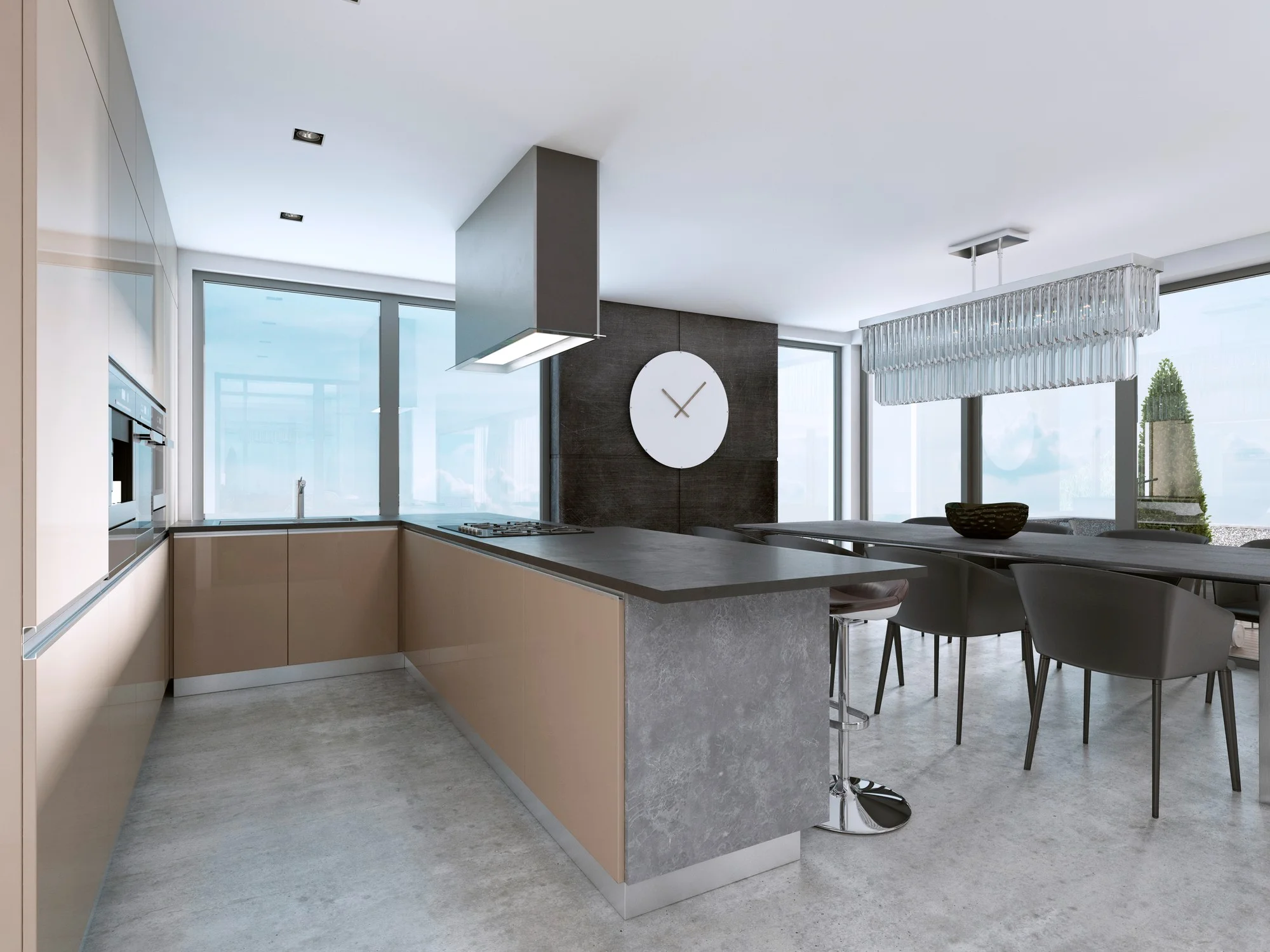 Stylish beige U Shaped Kitchen Design Ideas with dining island