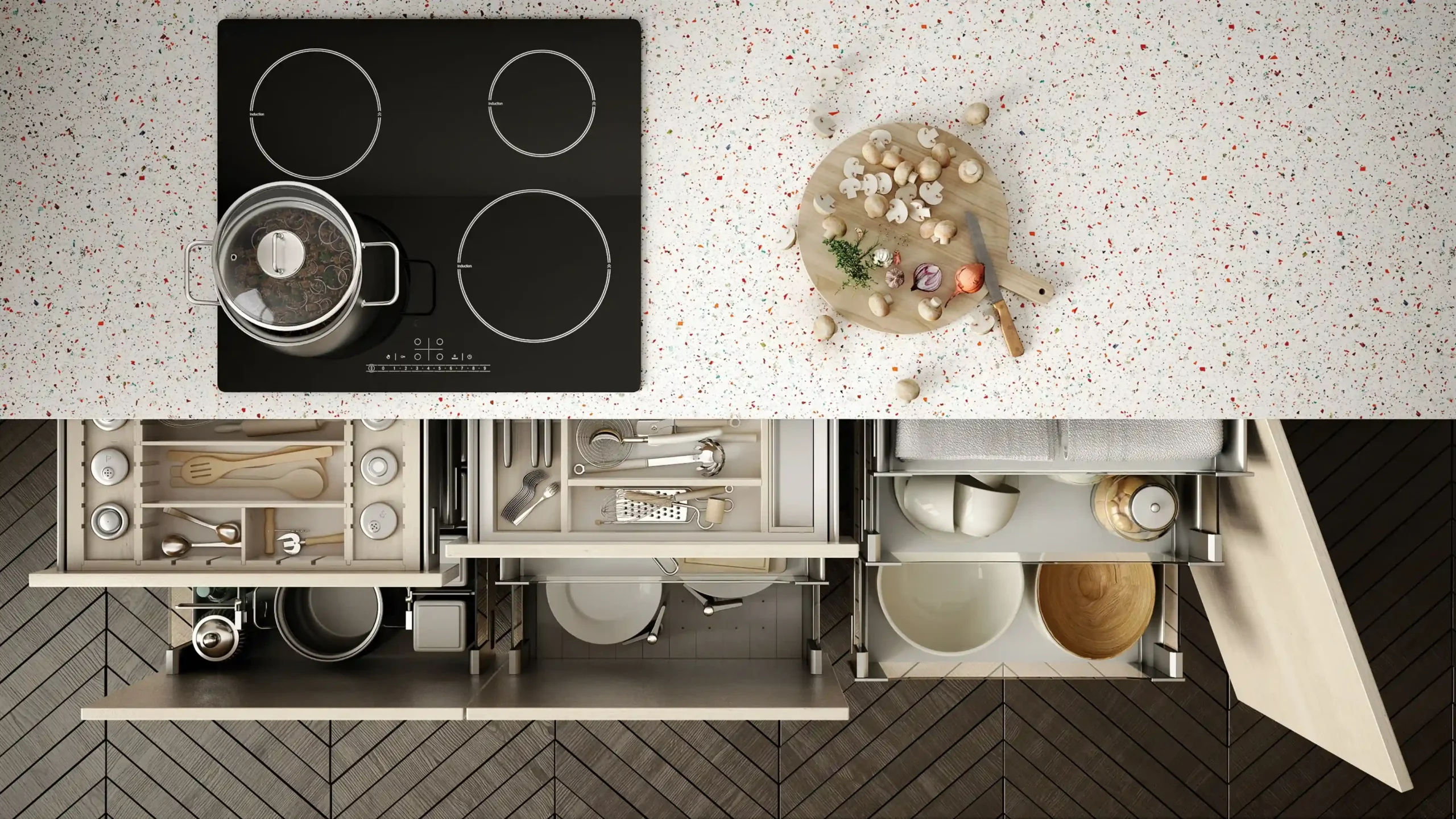 Top view of kitchen storage and cooking zone design