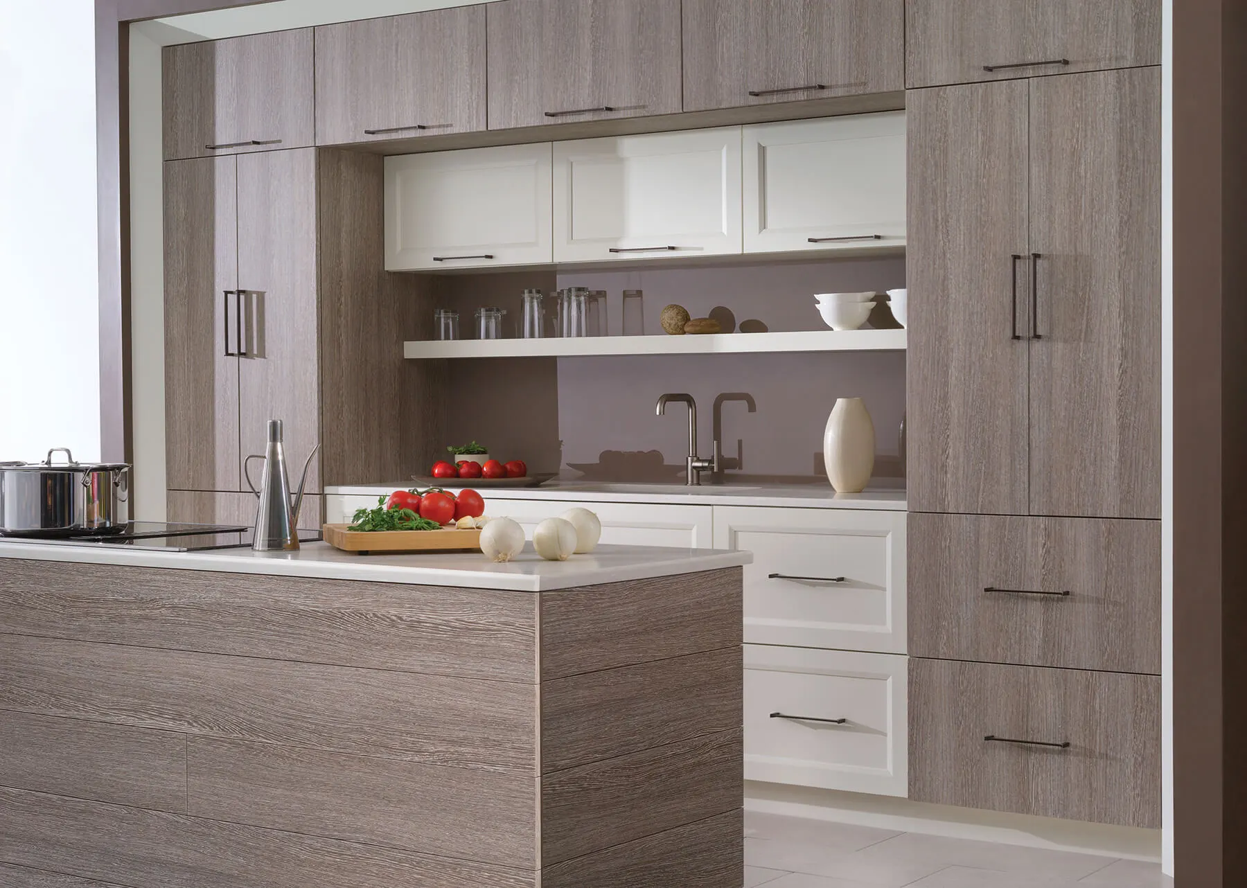 Two tone wood and white cabinets in contemporary kitchen