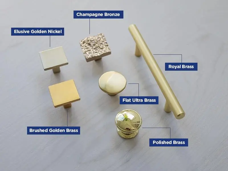 Assorted brass and gold hardware finishes labeled