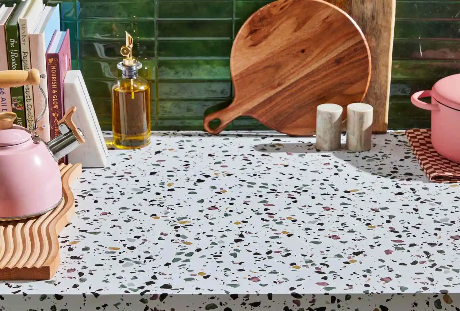Colorful terrazzo peel and stick vinyl on kitchen counter