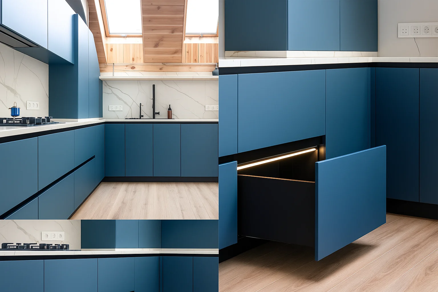 Composite kitchen image showing drawers and cabinets detail
