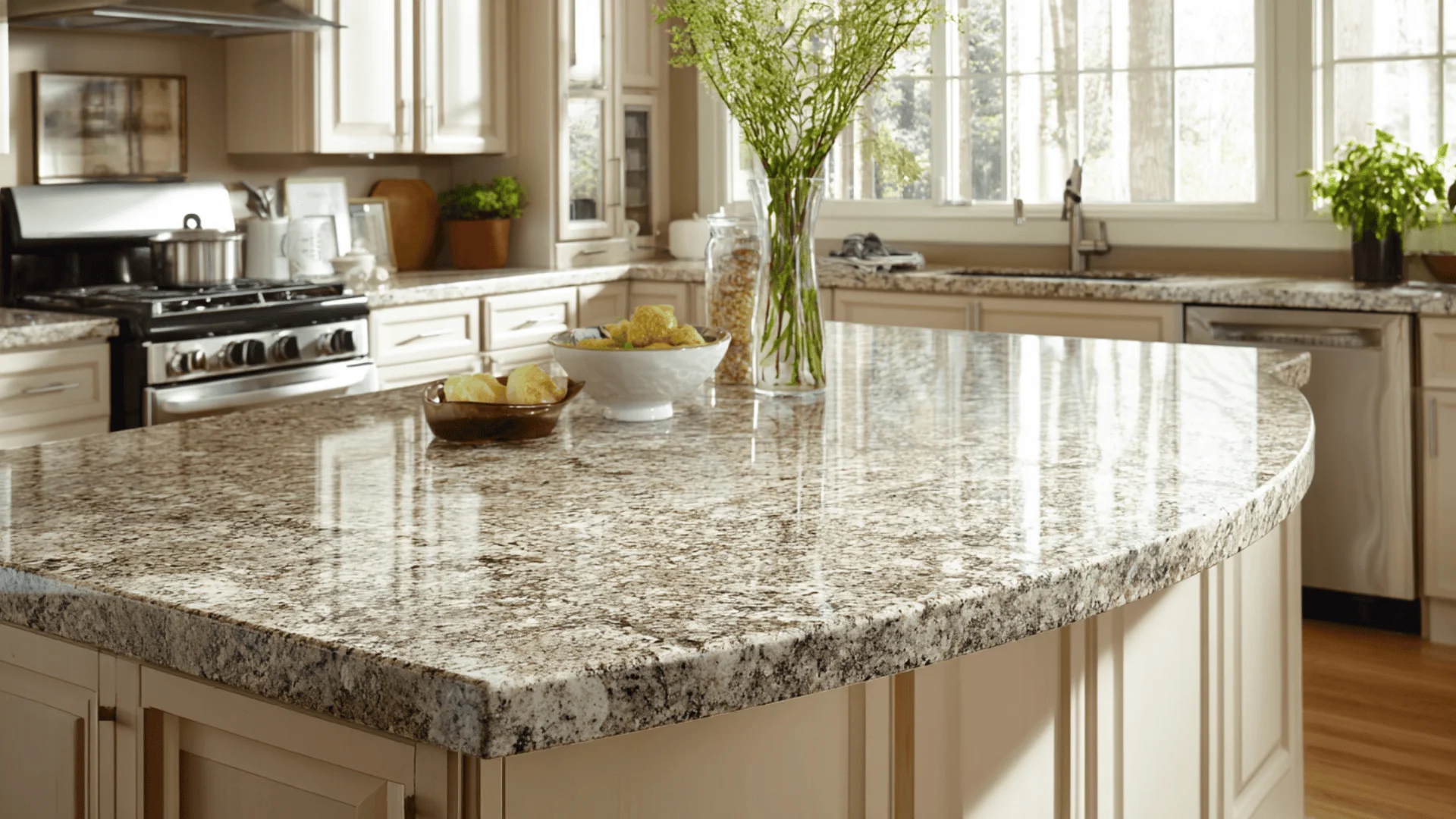 Granite kitchen island with rounded bullnose edge detail
