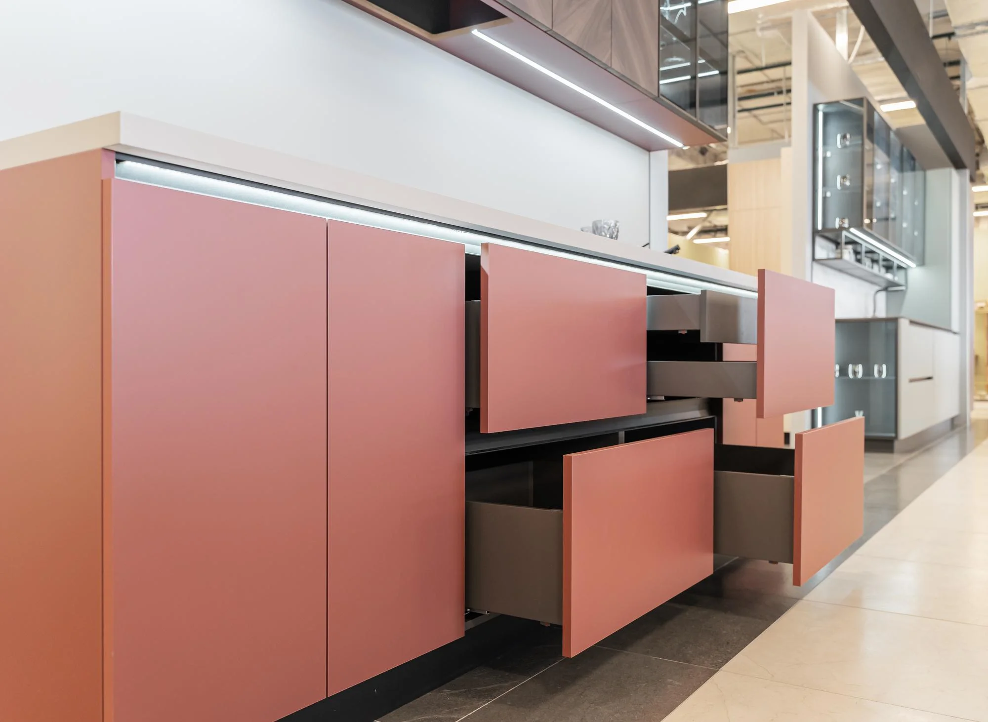 High gloss acrylic cabinets with soft close drawers