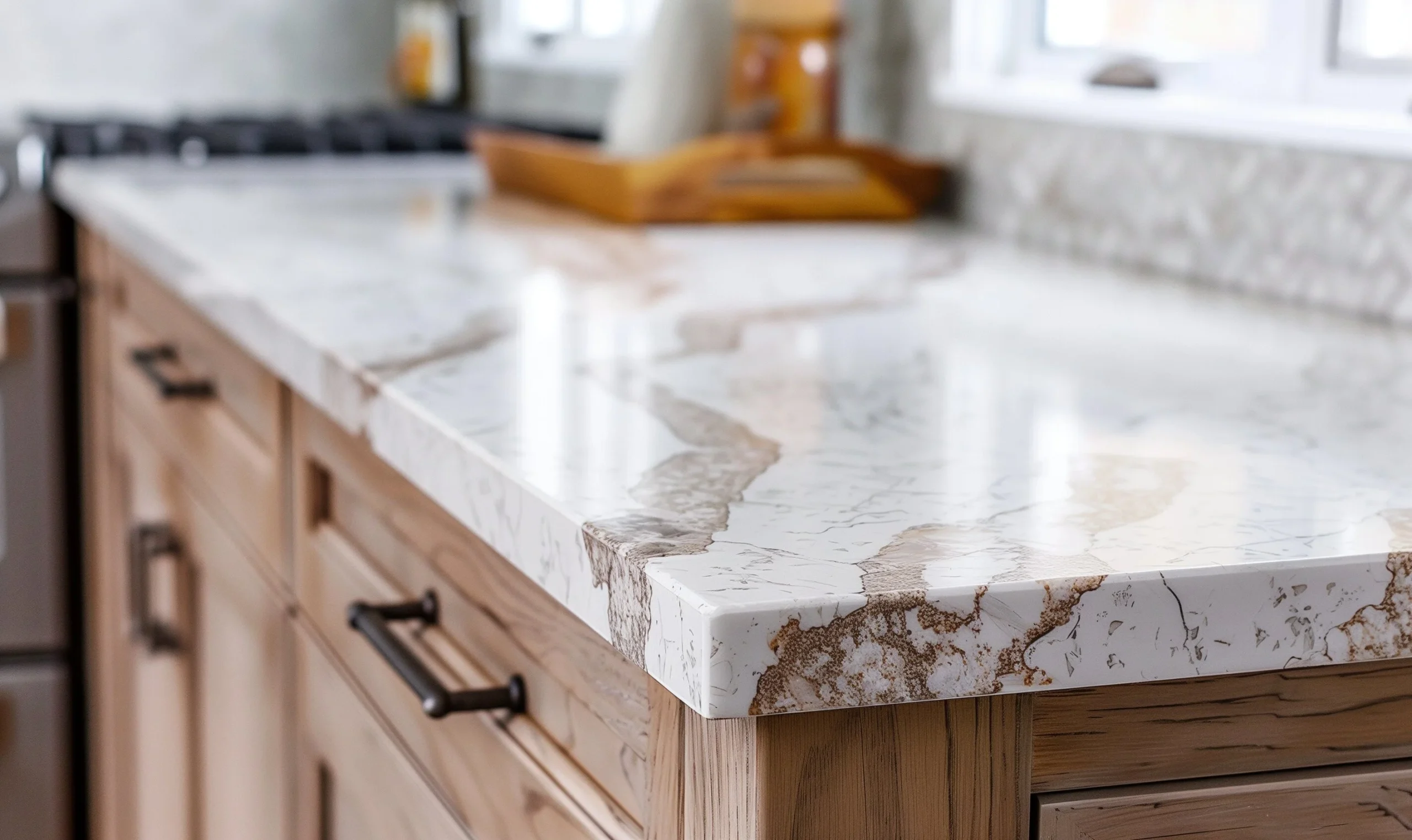 Marble countertop with eased edge on wooden cabinets