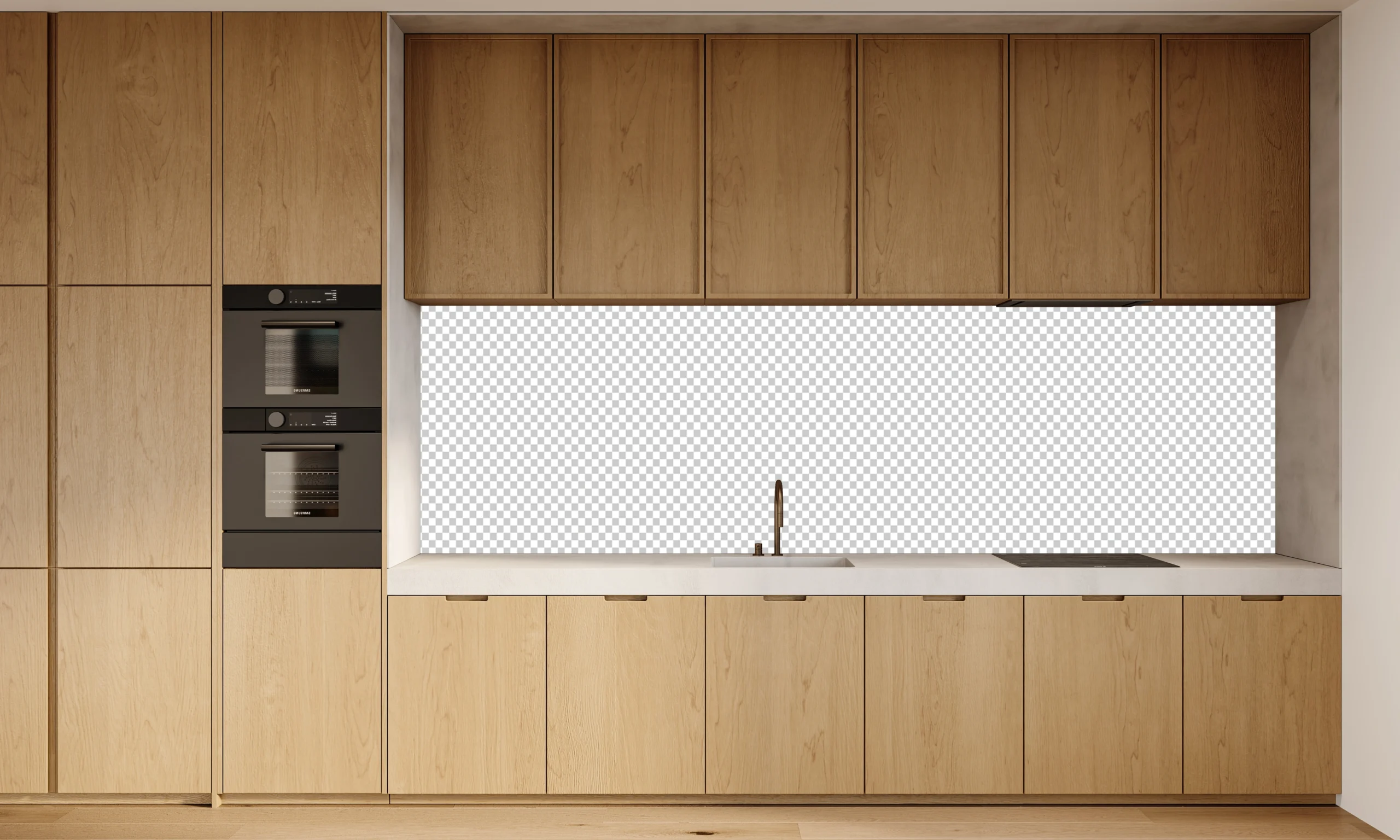 Modern kitchen cabinet layout with flat wood panels