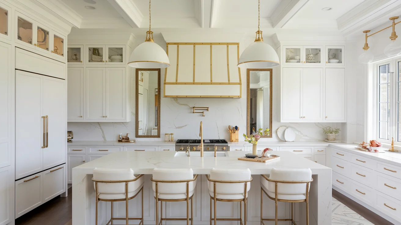 Modern white kitchen with gold hardware accents