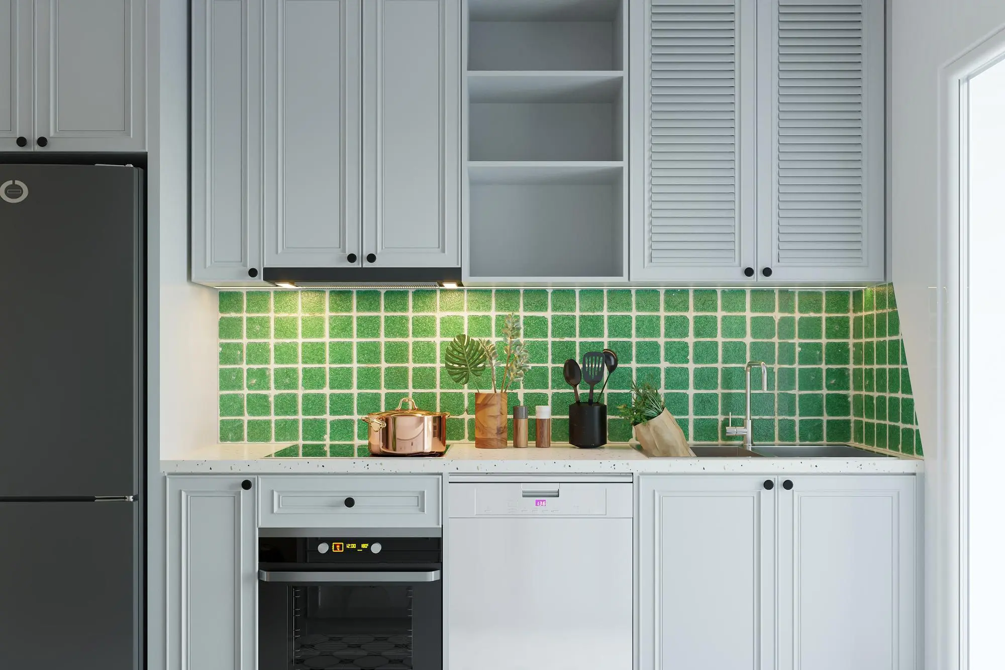 Modern white kitchen with green tile backsplash Modern white kitchen with green tile backsplash