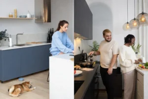 Open kitchen with island and peninsula defining work zones
