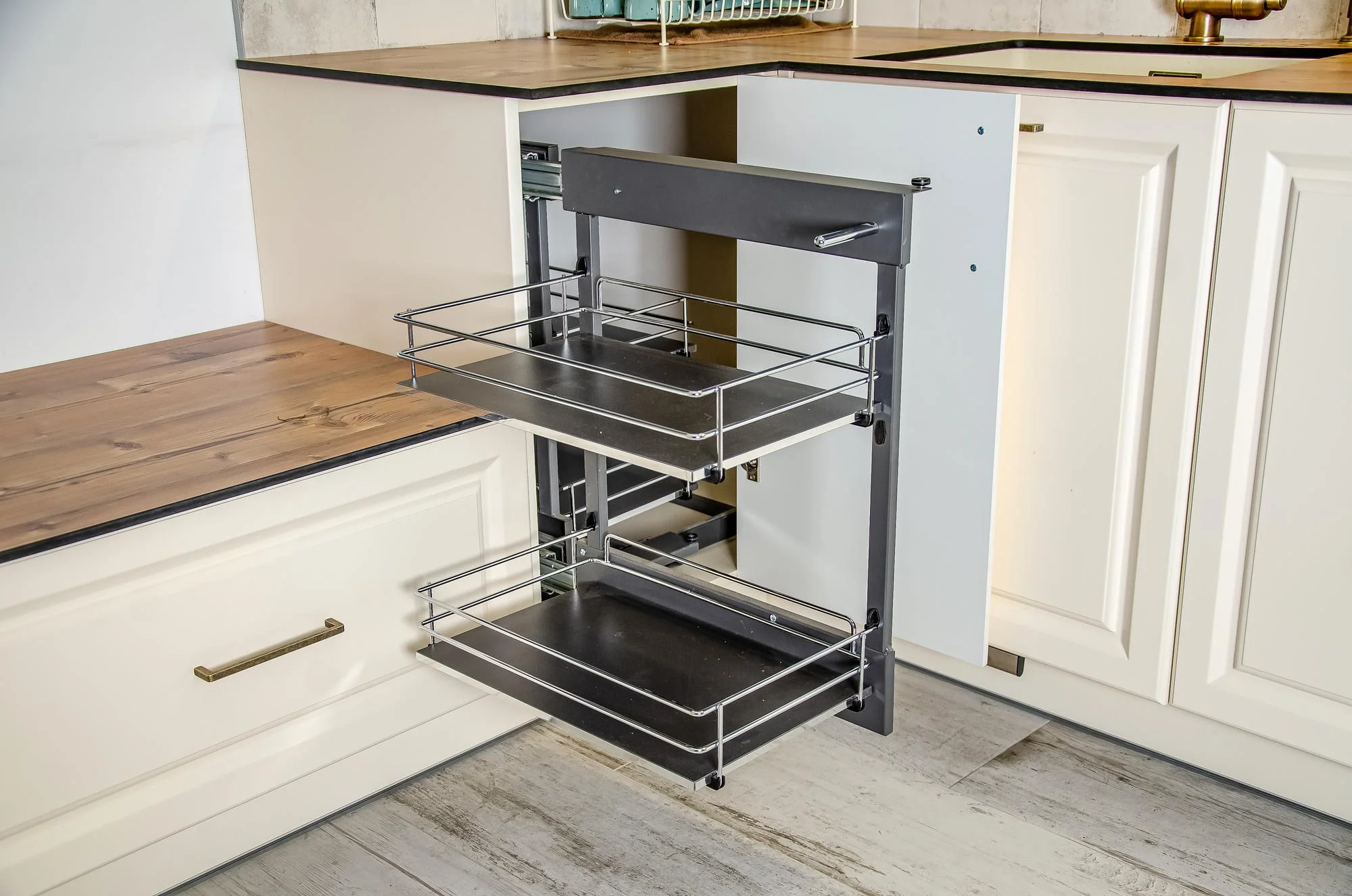 Pull out metal storage rack inside kitchen cabinet