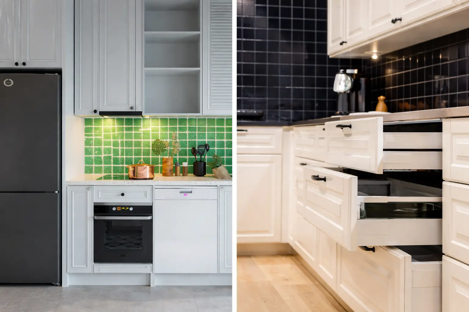 Side by side kitchen cabinet and drawer storage comparison
