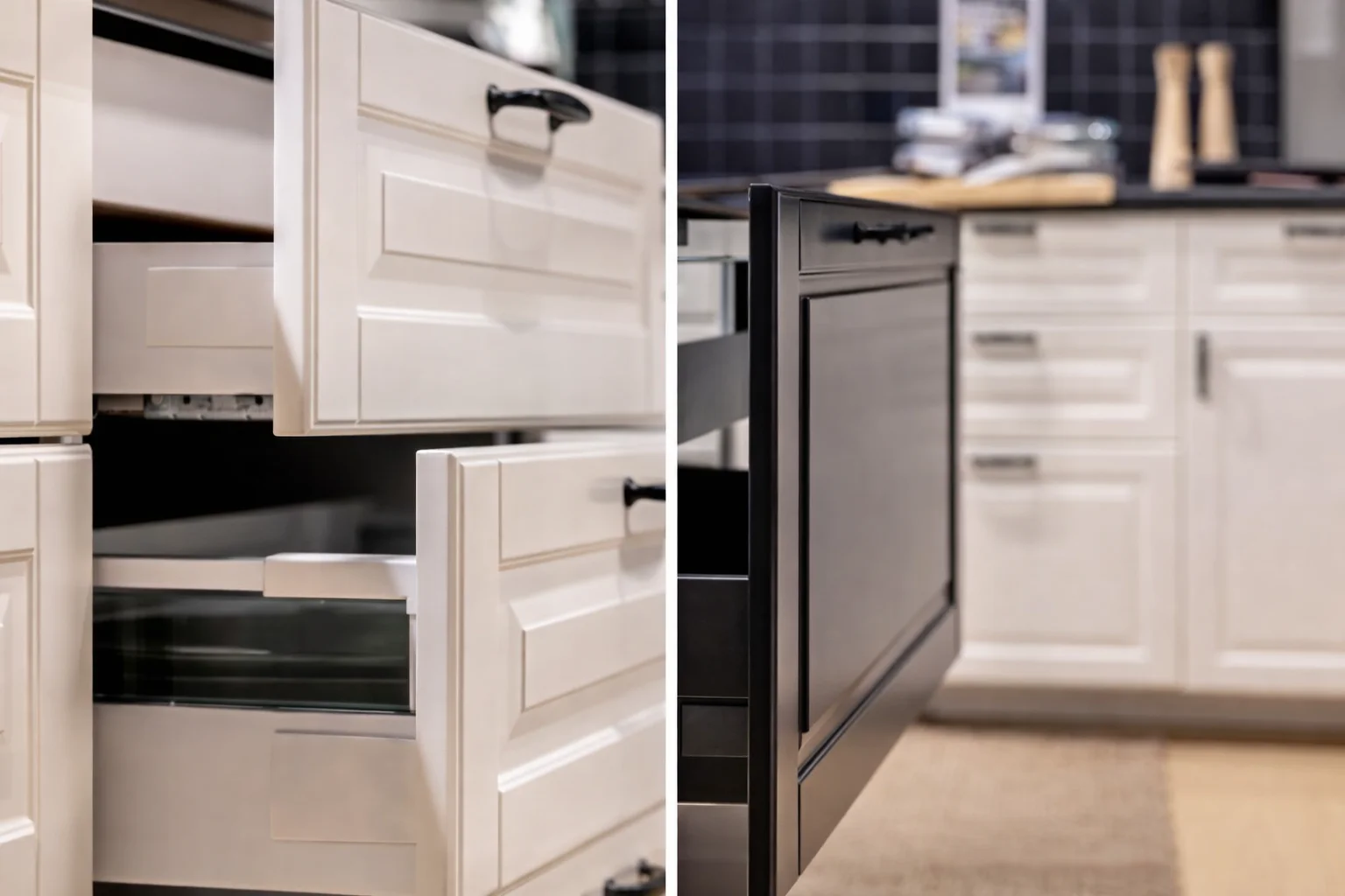 Side by side three vs four drawer cabinet design
