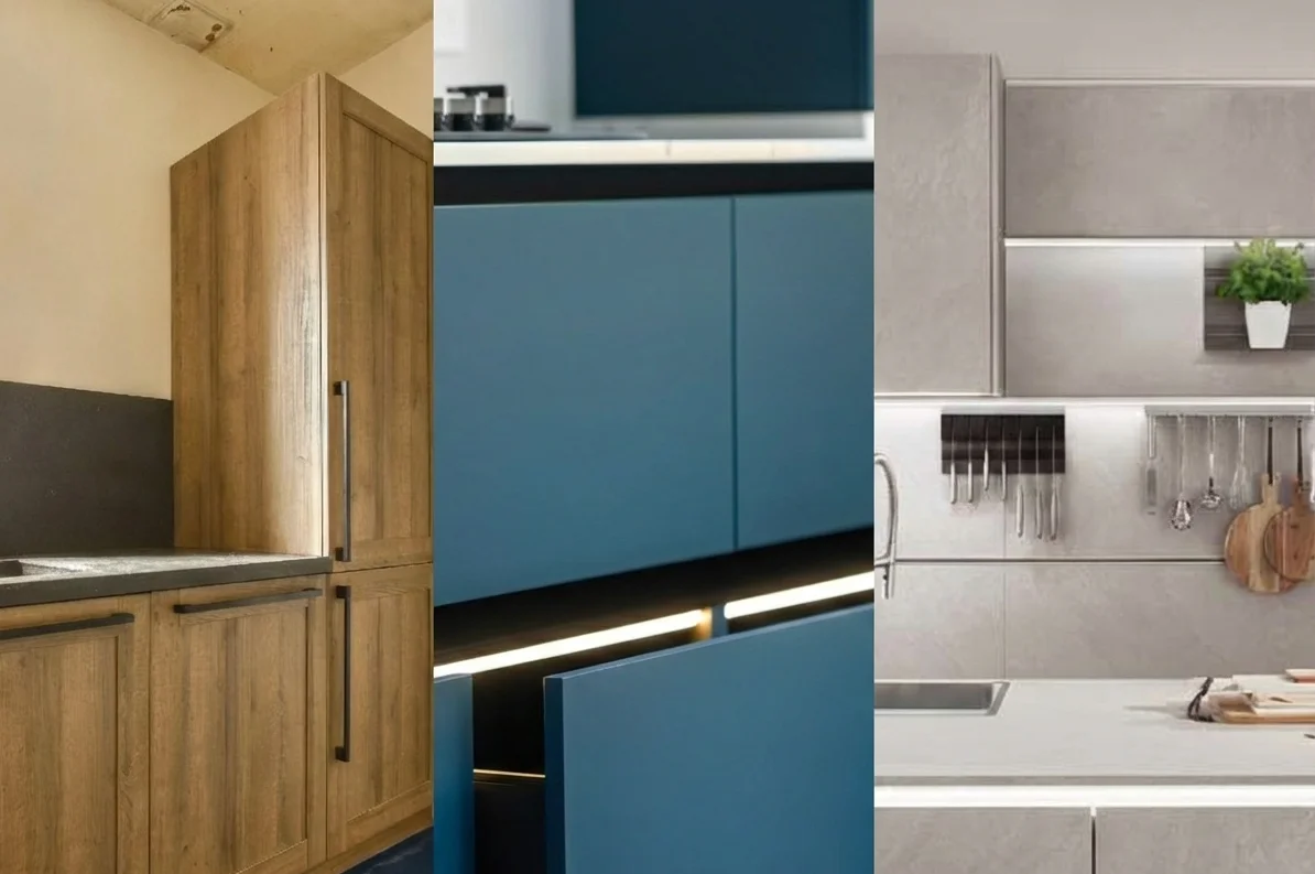 Triptych of wood, teal lacquer, and stone cabinet styles