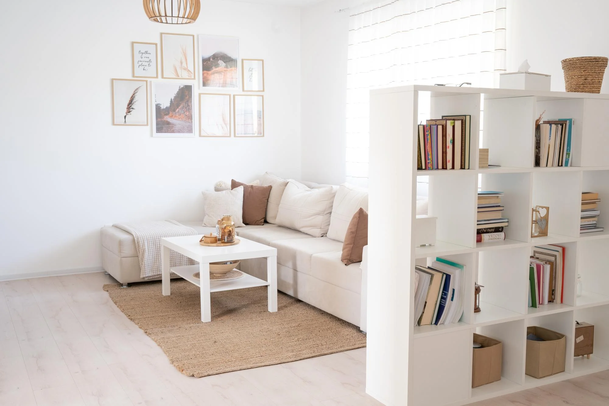 Bright white living room with sofa and open shelf divider