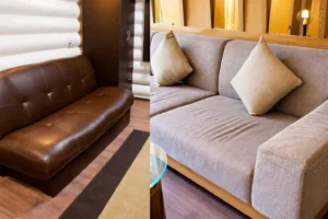 Brown leather and grey fabric sofa comparison in living room