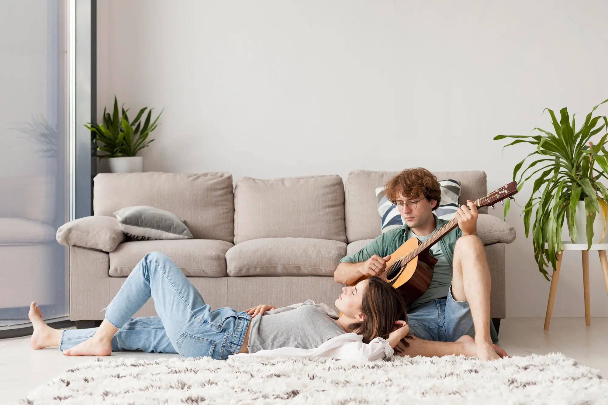 Casual family room with guitar and relaxed seating