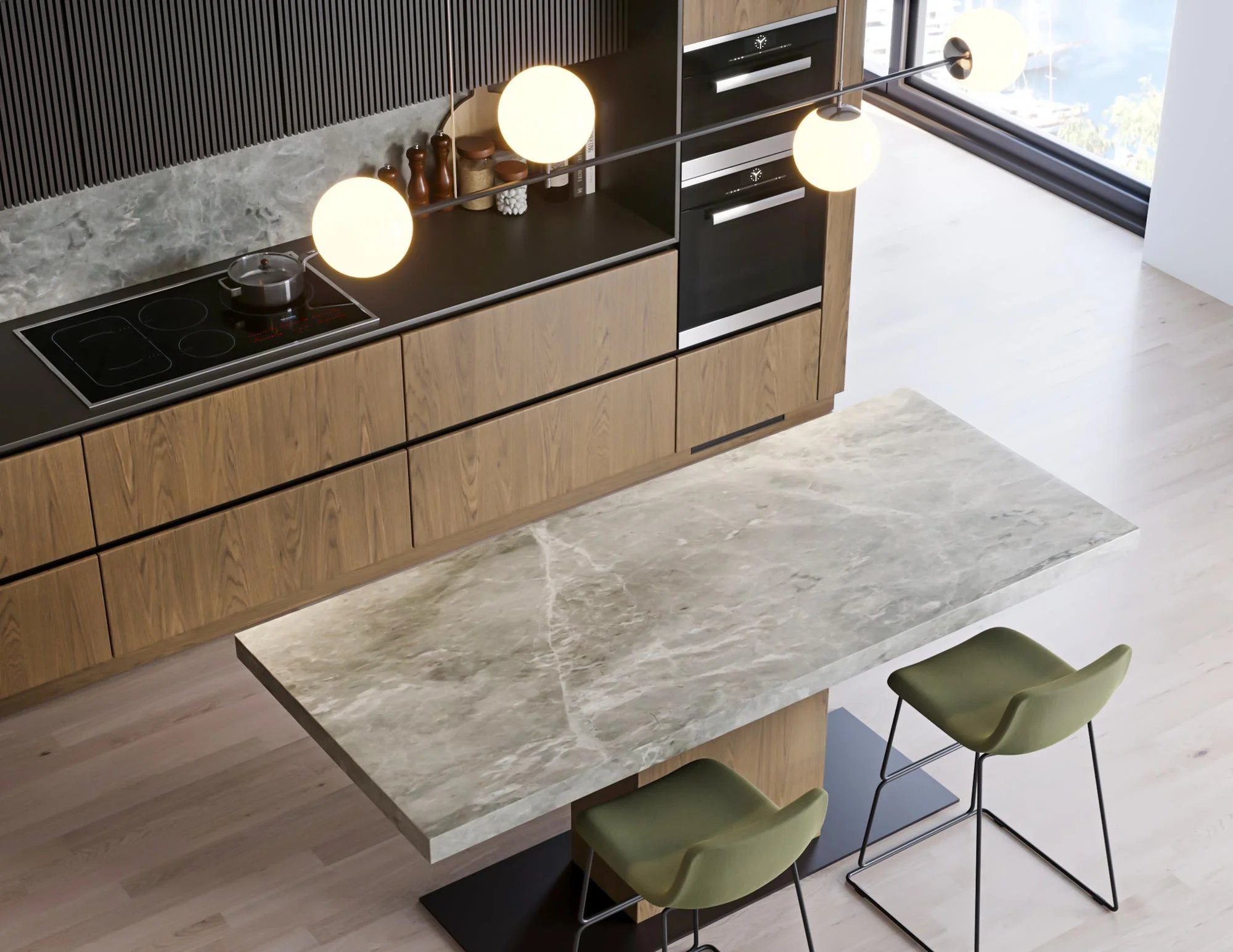 Contemporary kitchen island with stone countertop and stools