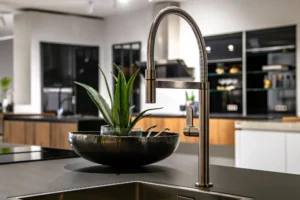 Contemporary kitchen sink with curved faucet