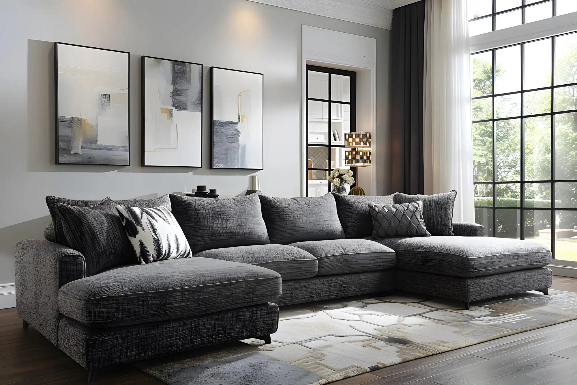 Large gray sectional sofa with modern wall art