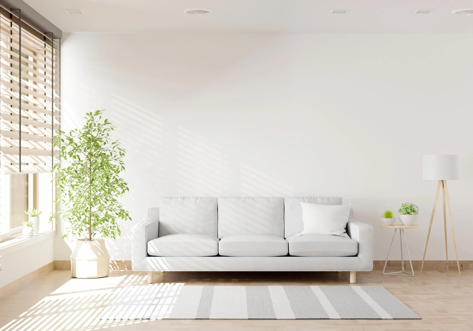 Minimal white living room with sofa and natural sunlight