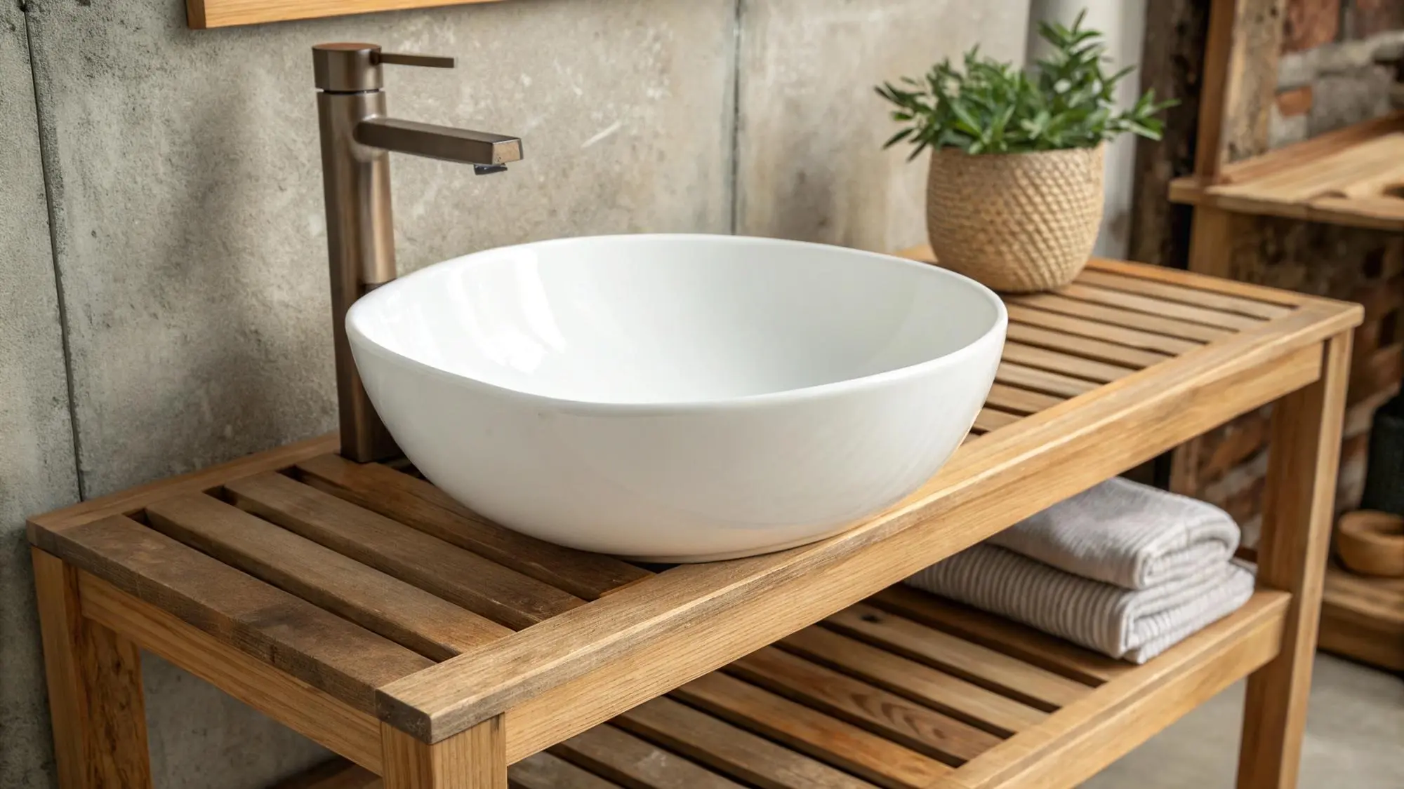 Minimalist bathroom basin with wall mounted faucet