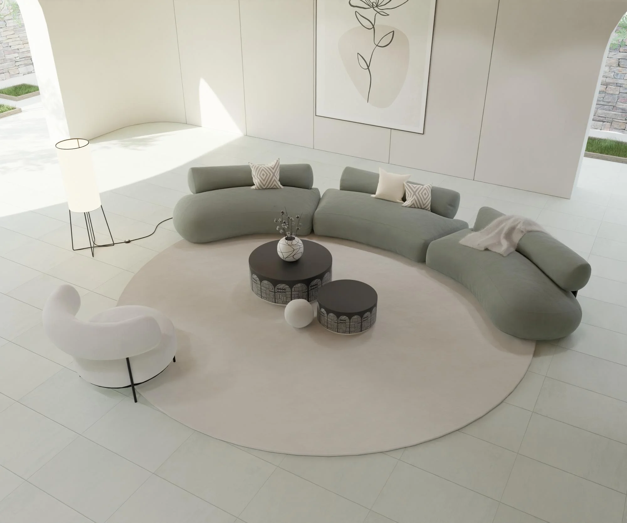 Modern curved sofa in minimalist white living room